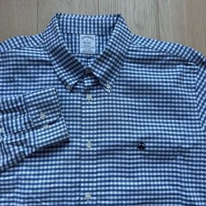 Brooks Brothers Button Down Shirt Mens XL Blue Gingham Regent Cotton Logo Preppy